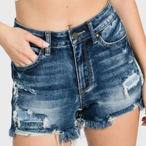 Allison High Rise Stretch Patched Shorts With Frayed Hem In Blue
