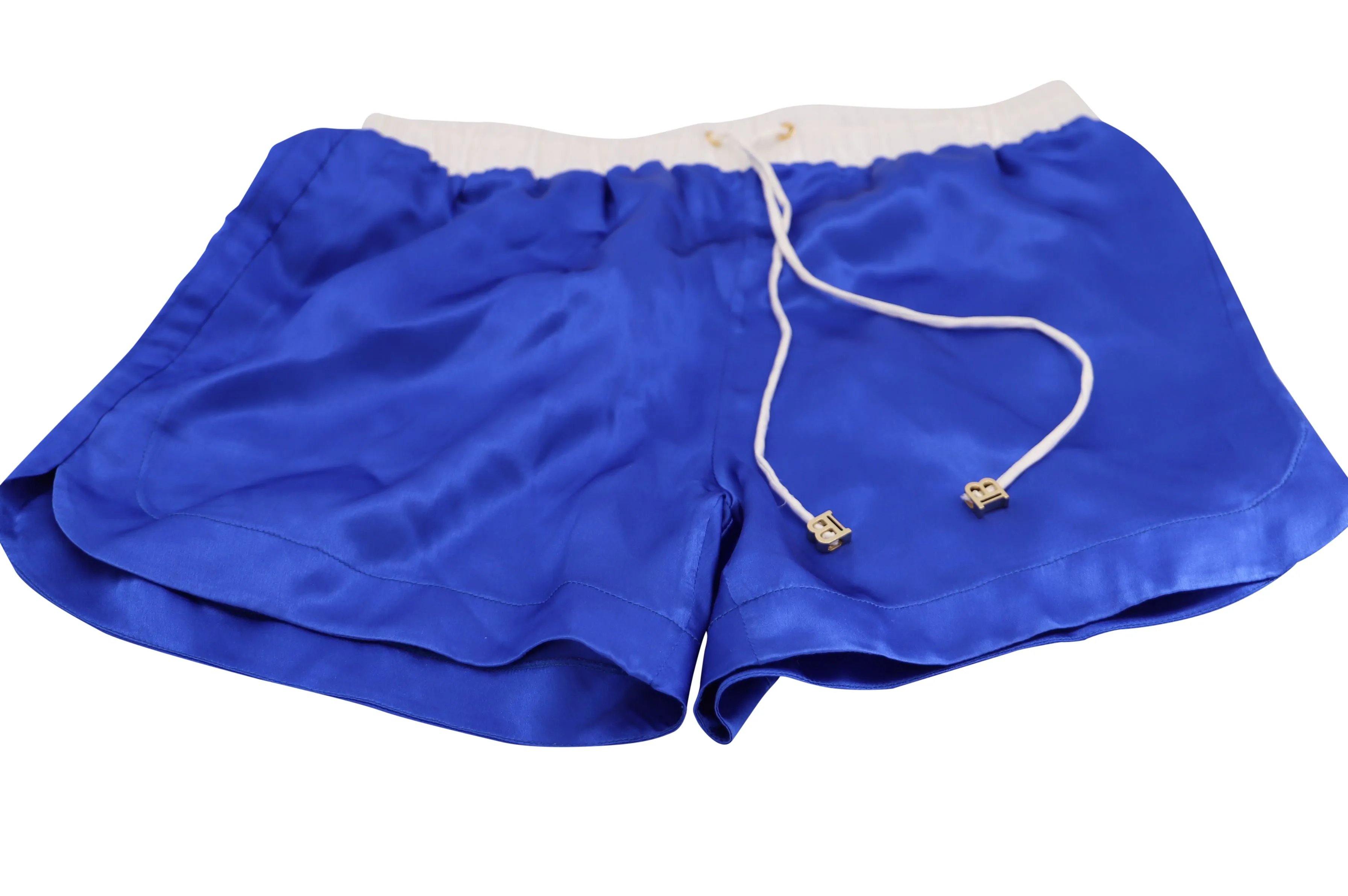 Balmain Satin Shorts with White Waist Band in Blue Silk