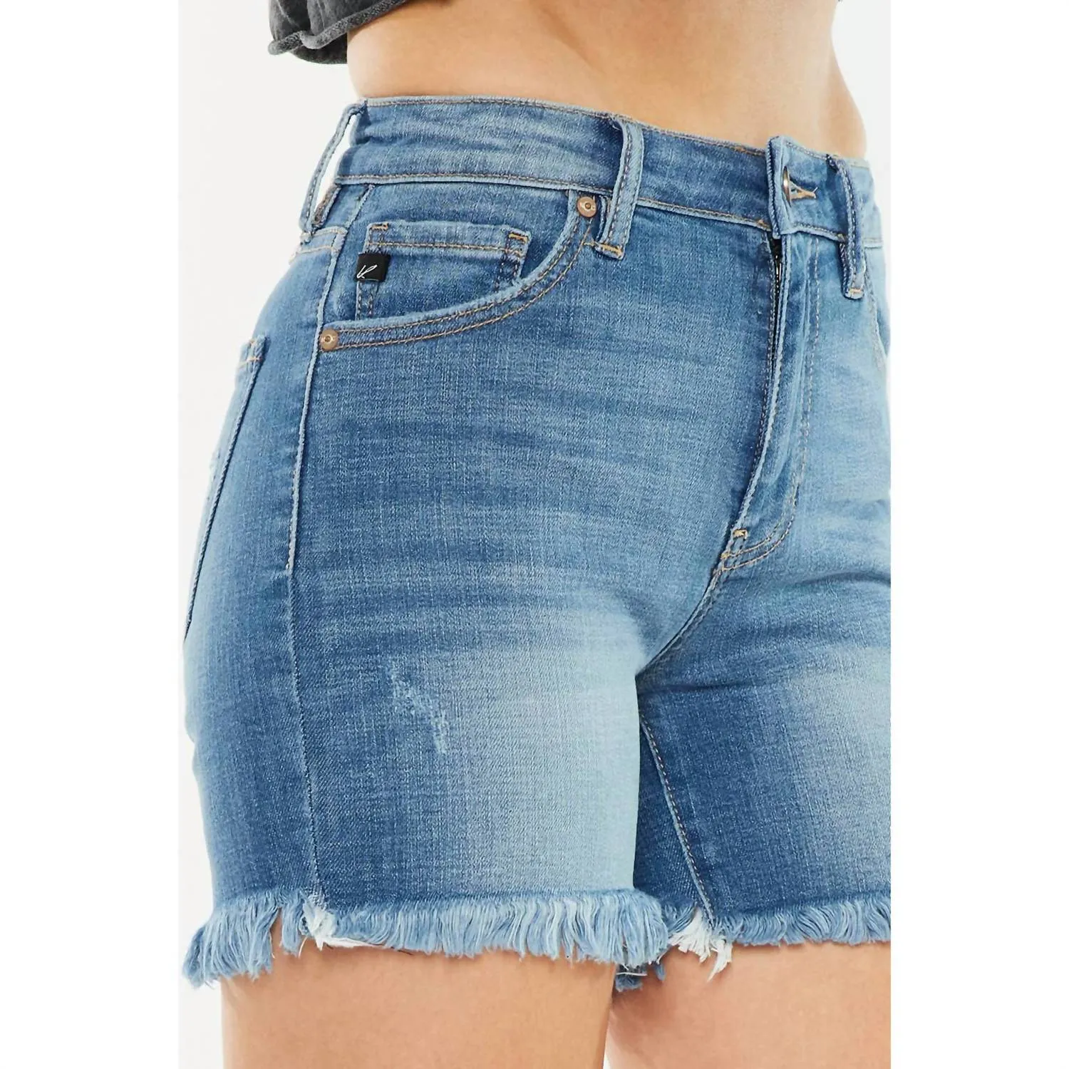 Cheyenne High Rise Fray Hem Shorts Jeans In Medium Blue