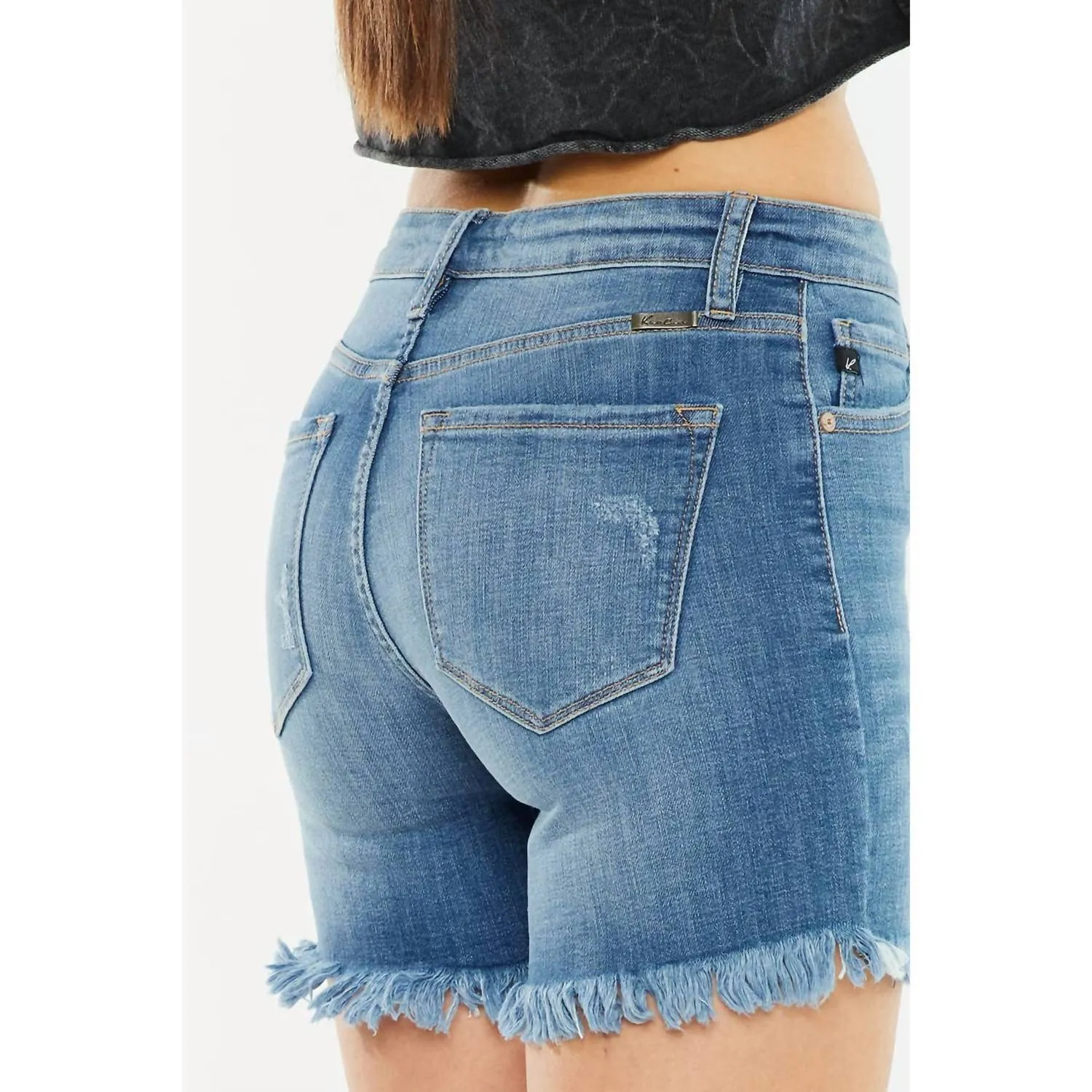 Cheyenne High Rise Fray Hem Shorts Jeans In Medium Blue