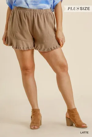 FASHNZFAB Linen Blend Elastic Waist Ruffle Hem Shorts With Pockets