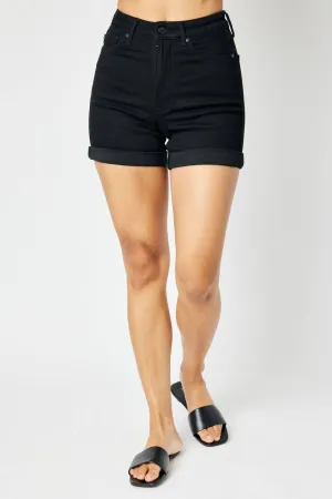 High Waist Tummy Control Cuffed Non Distressed Shorts In Black