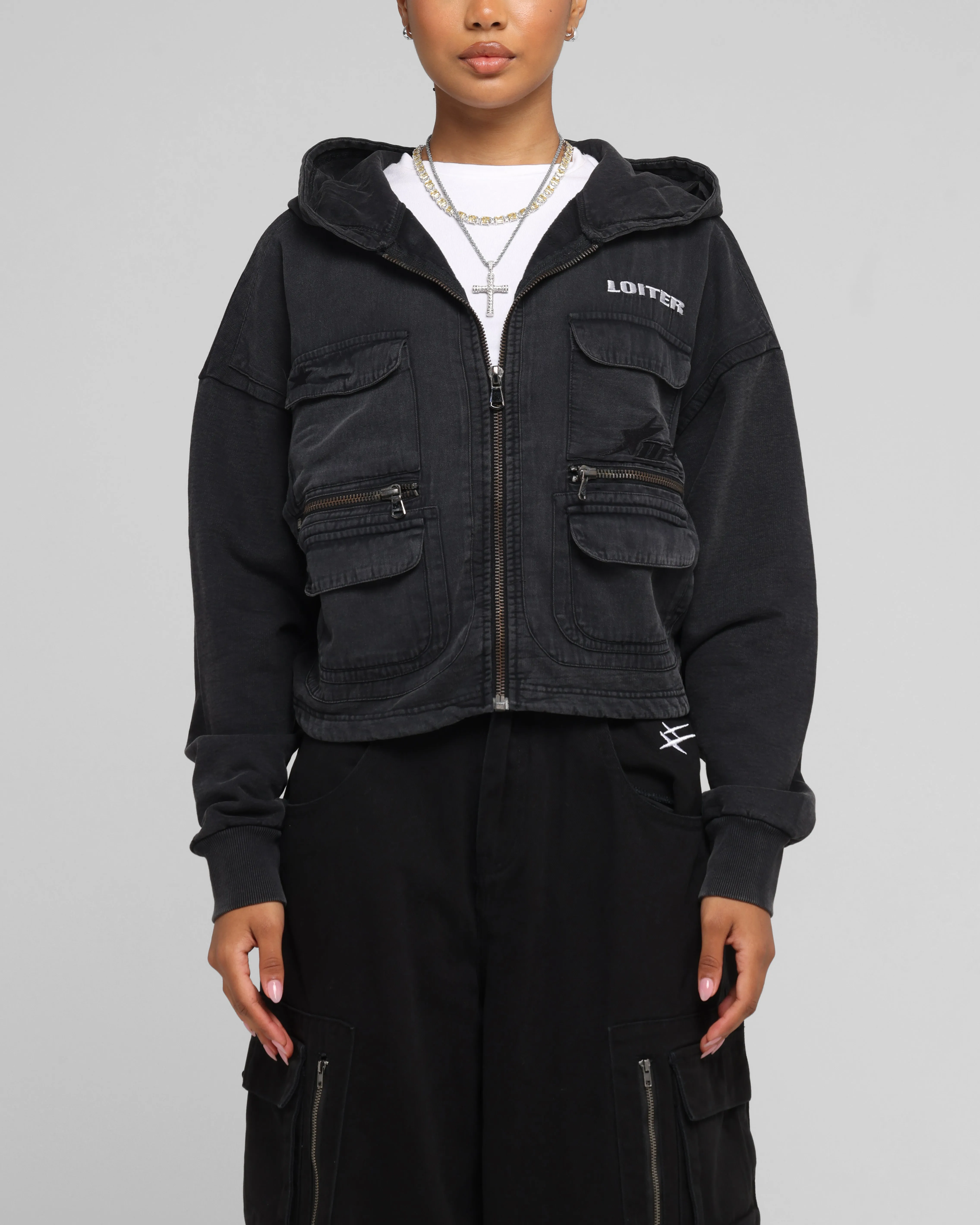 Loiter Women's Utility Cropped Hoodie Washed Black