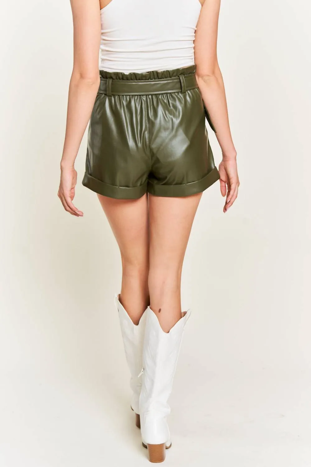 Make It Happen Faux Leather Shorts In Olive
