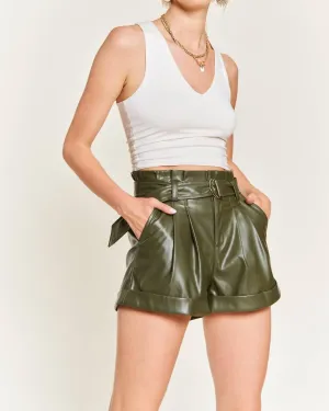 Make It Happen Faux Leather Shorts In Olive