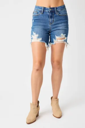 Mid Rise Destroy Fray Hem Shorts In Blue