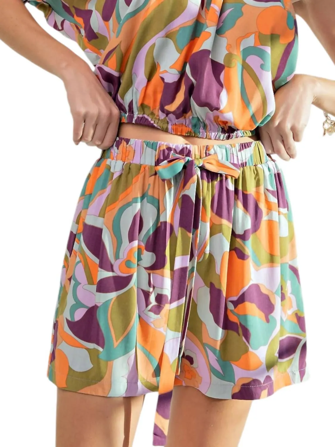 Retro Vibe Print Drawstring Shorts In Multi Color