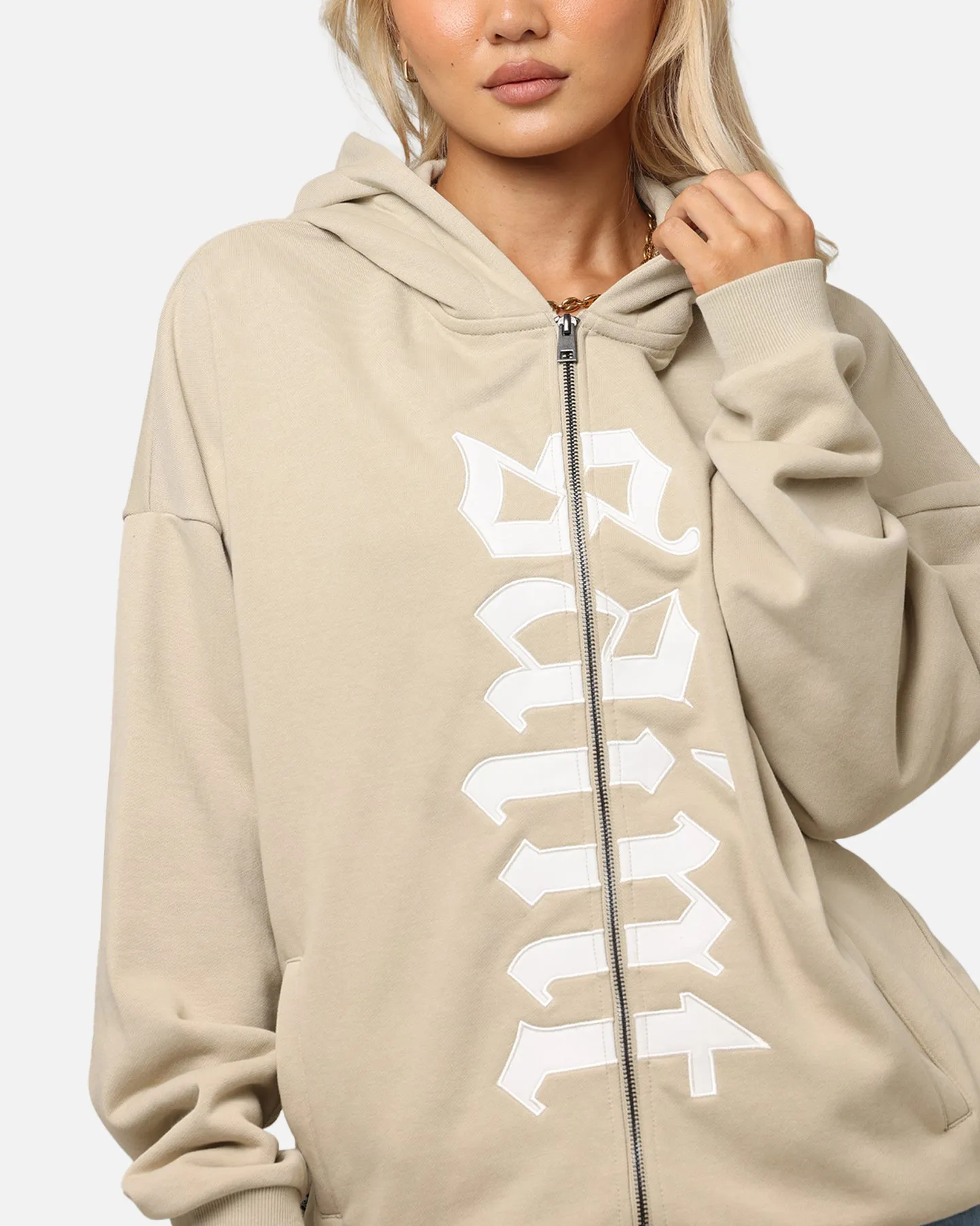 Saint Morta Gothic Distressed Zip Hoodie Stone