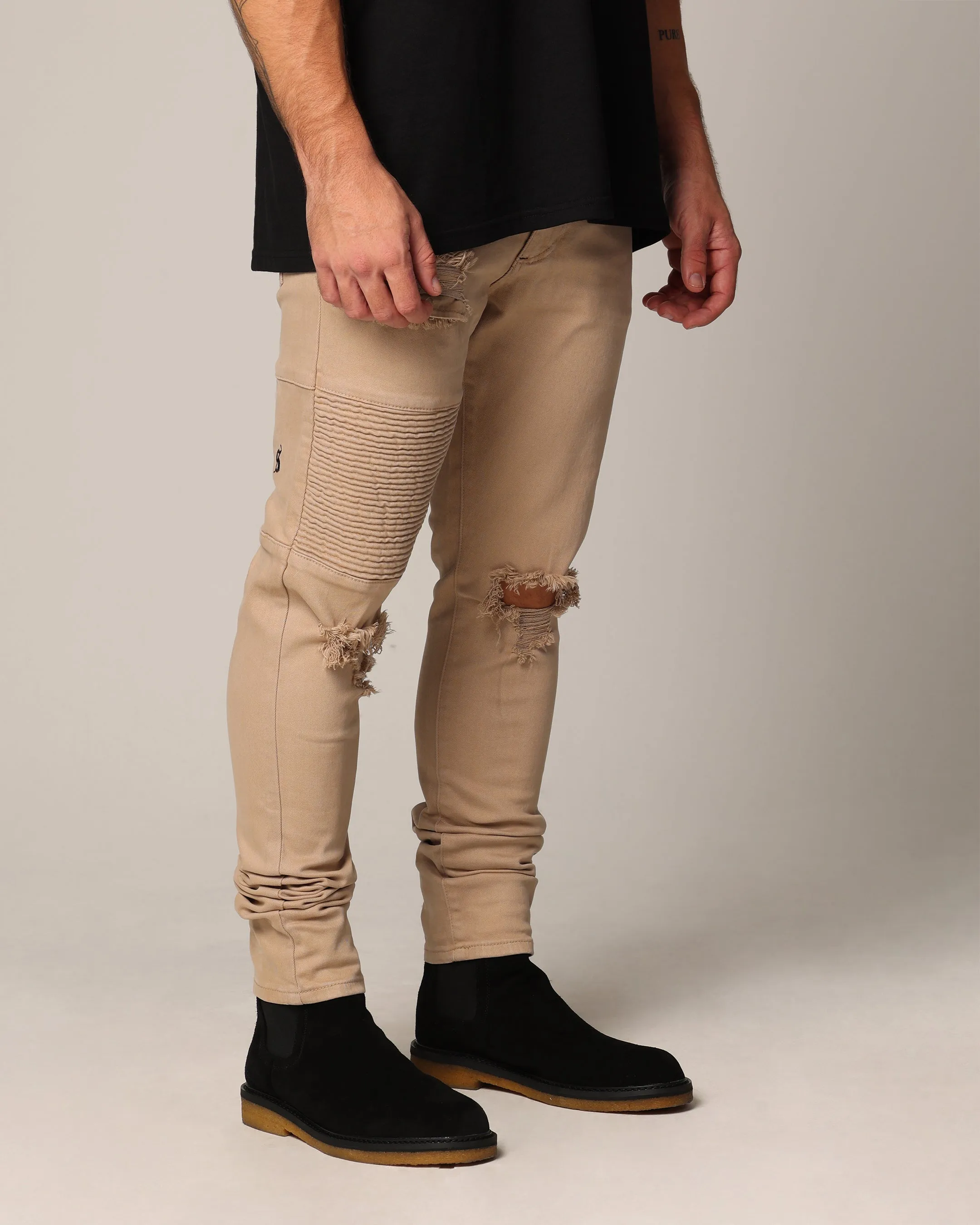 Saint Morta Men's Index Distressed Biker Jeans Bone