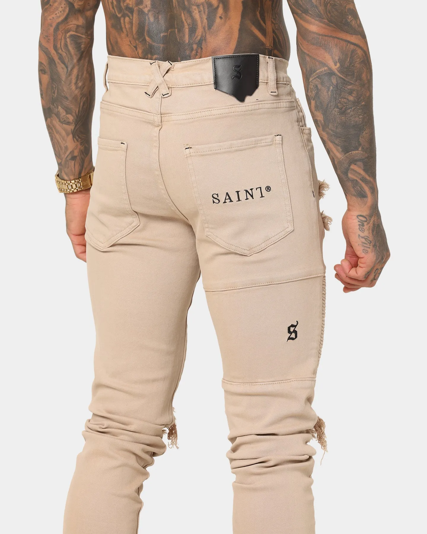 Saint Morta Men's Index Distressed Biker Jeans Bone