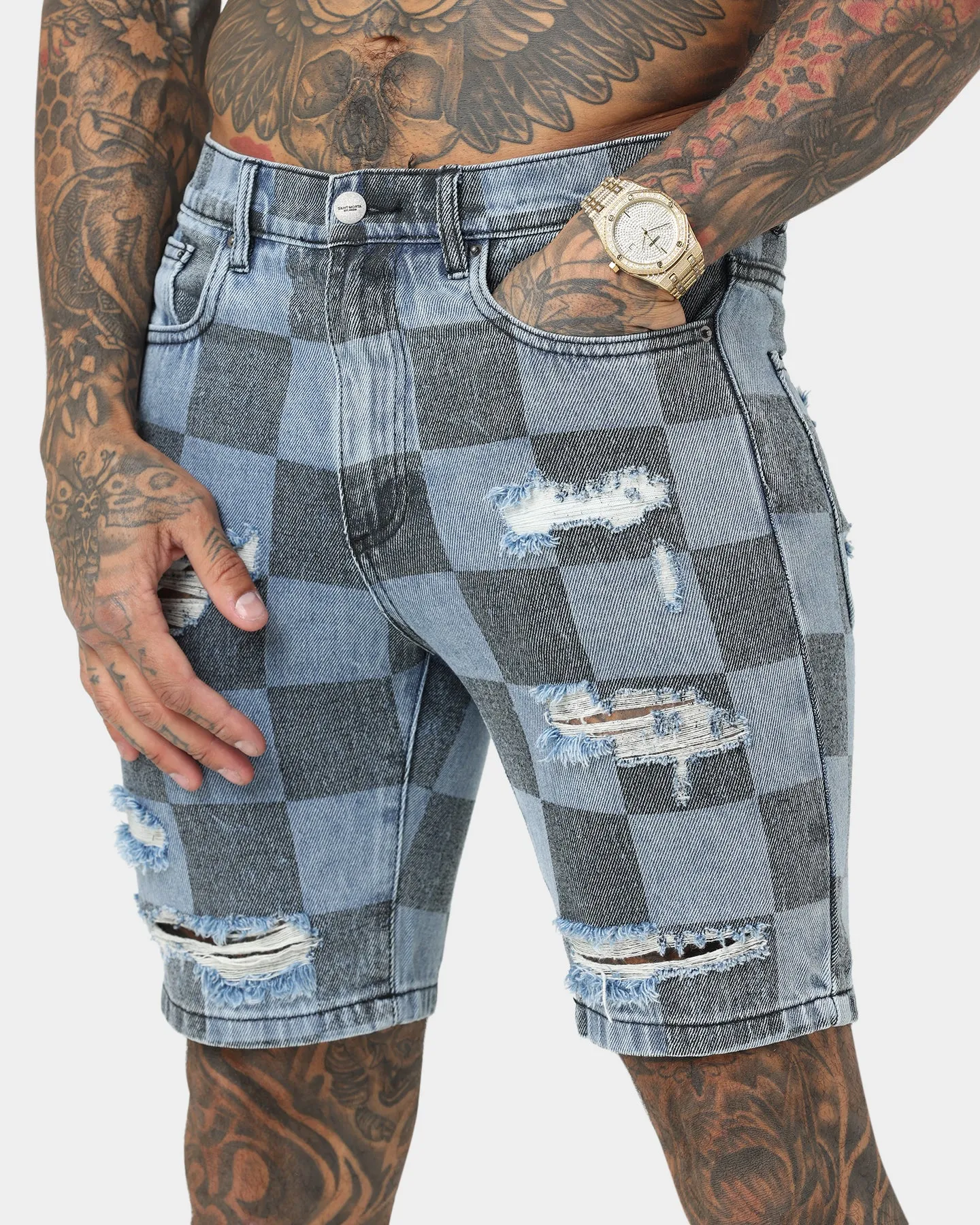 Saint Morta Vintage Checks Denim Shorts Stone Wash Blue
