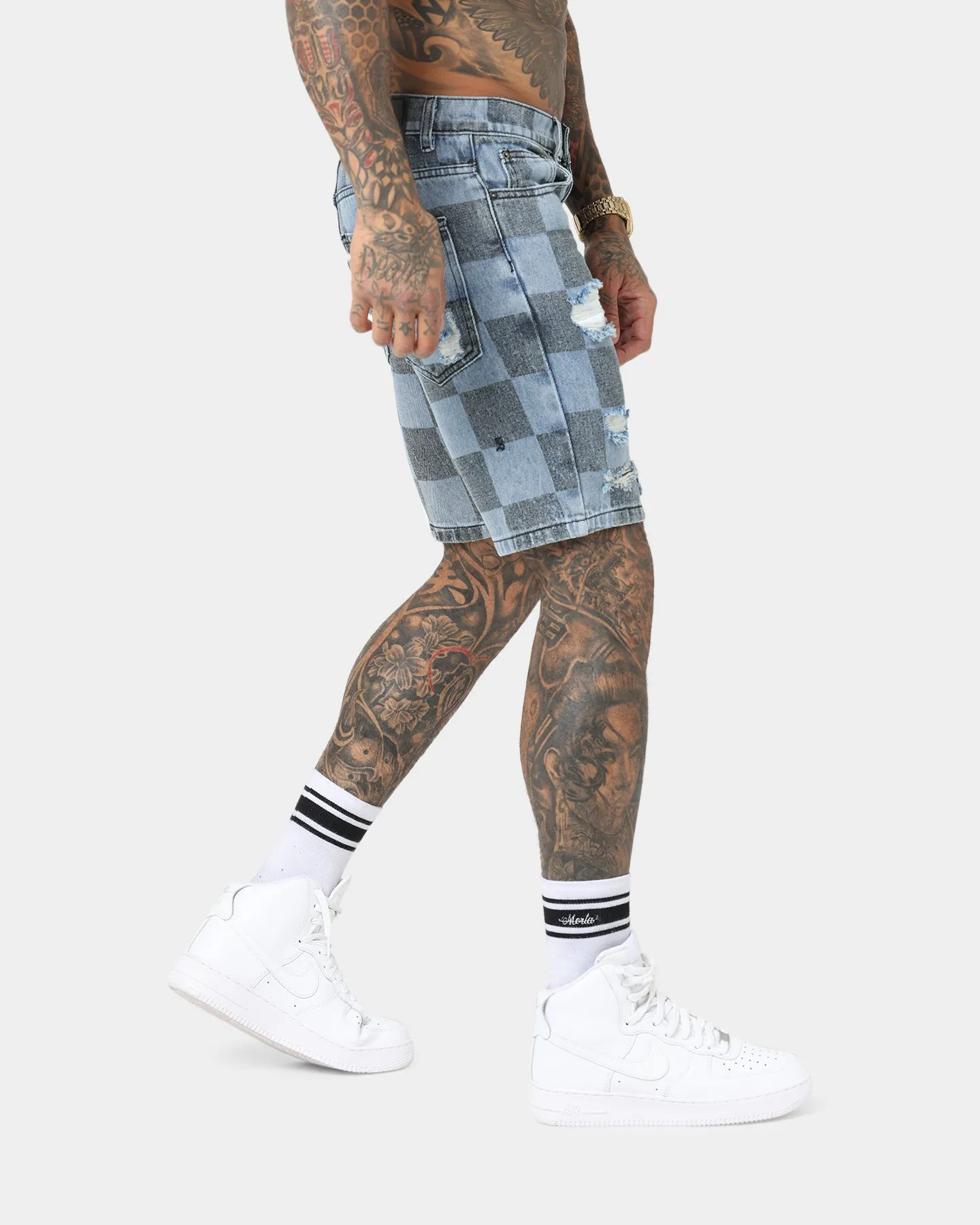 Saint Morta Vintage Checks Denim Shorts Stone Wash Blue