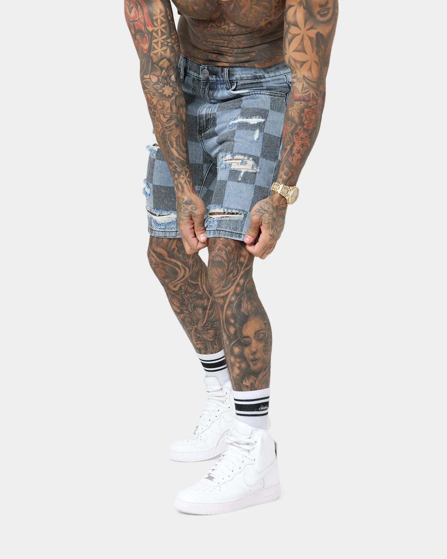 Saint Morta Vintage Checks Denim Shorts Stone Wash Blue