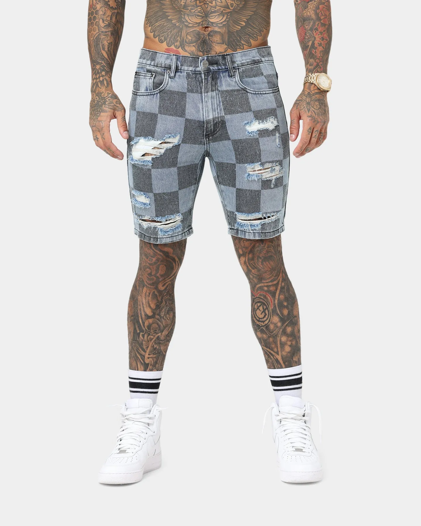 Saint Morta Vintage Checks Denim Shorts Stone Wash Blue