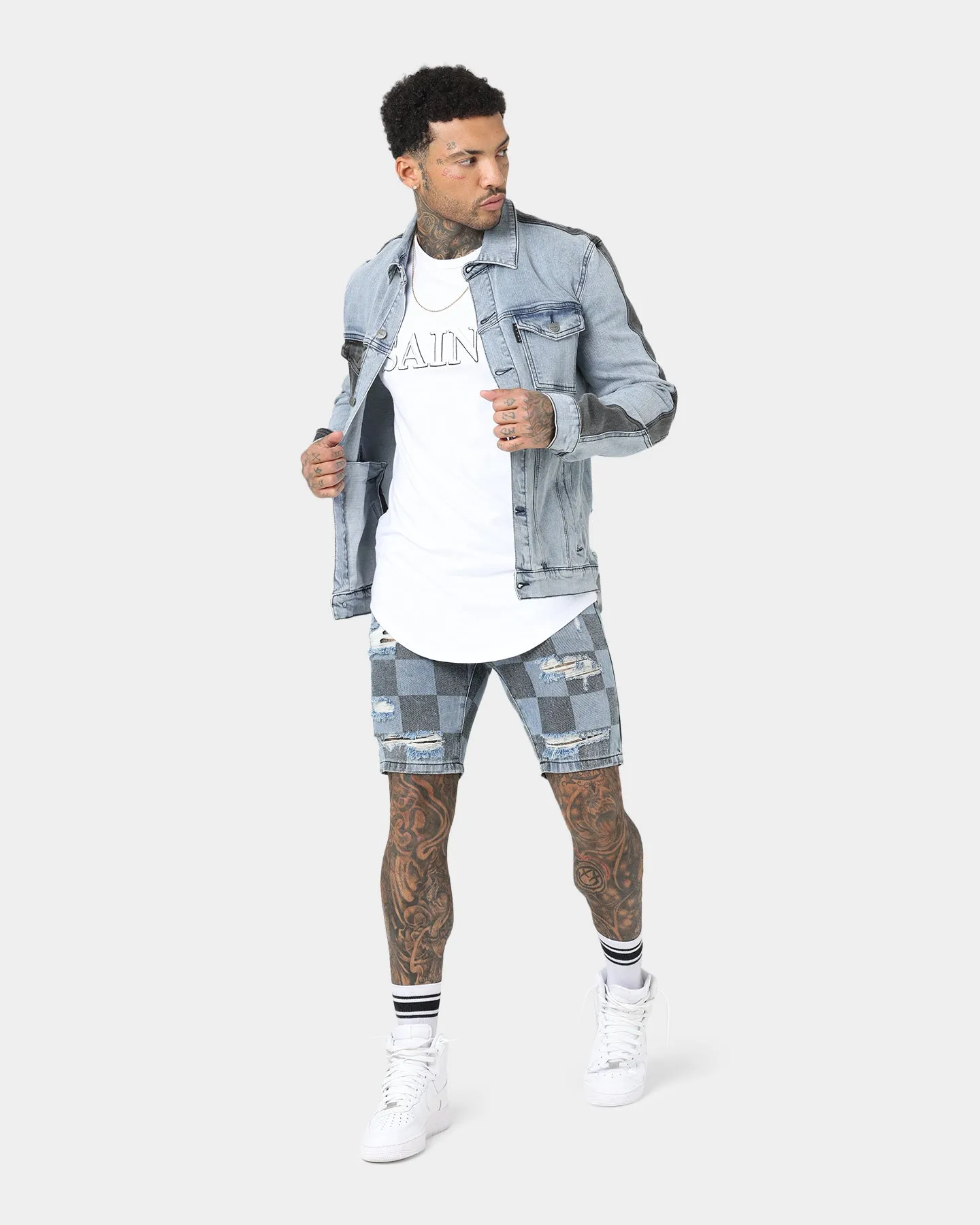Saint Morta Vintage Checks Denim Shorts Stone Wash Blue