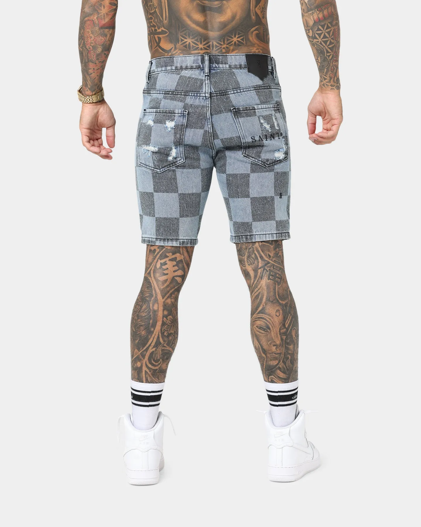 Saint Morta Vintage Checks Denim Shorts Stone Wash Blue