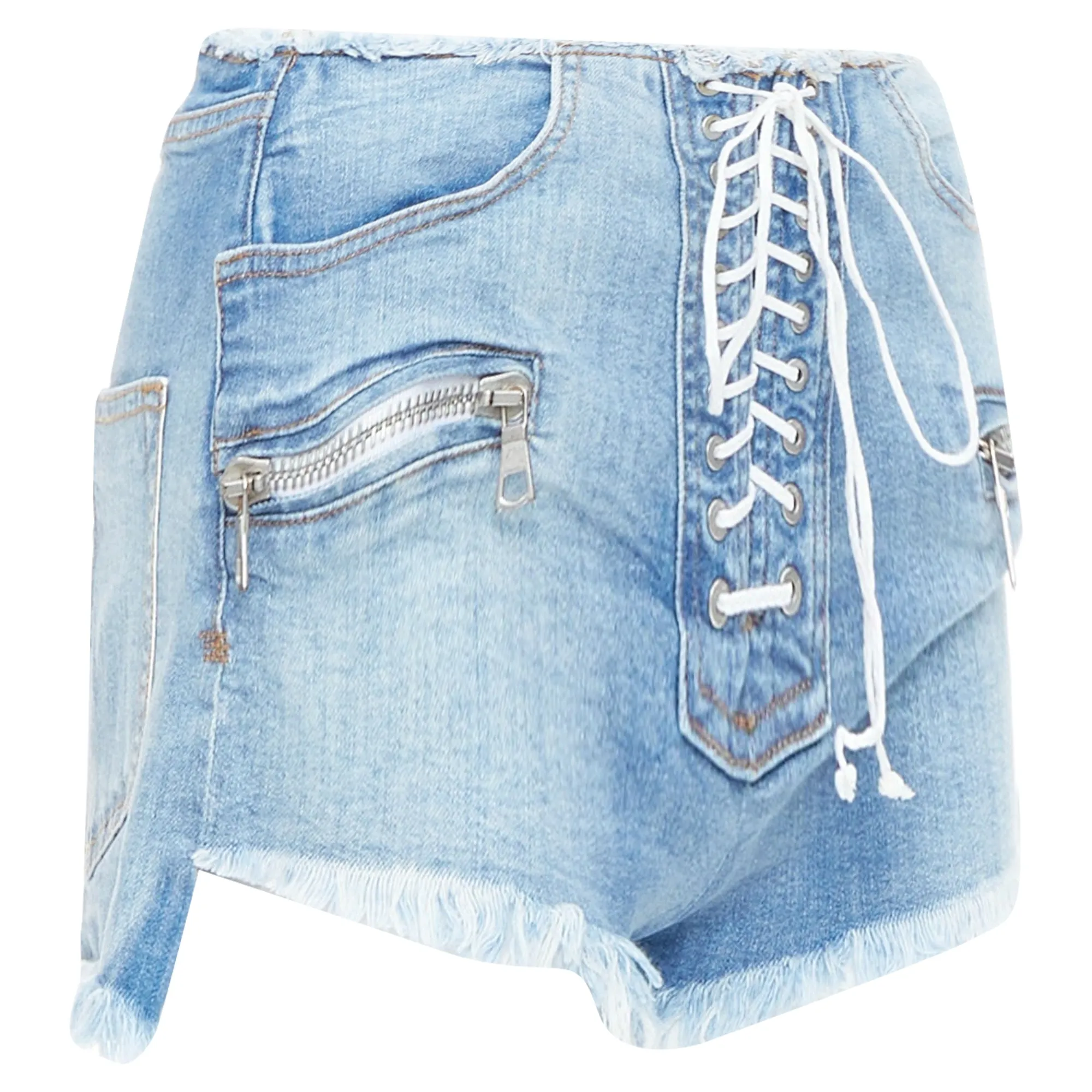 Unravel Project washed denim laced front cut off shorts