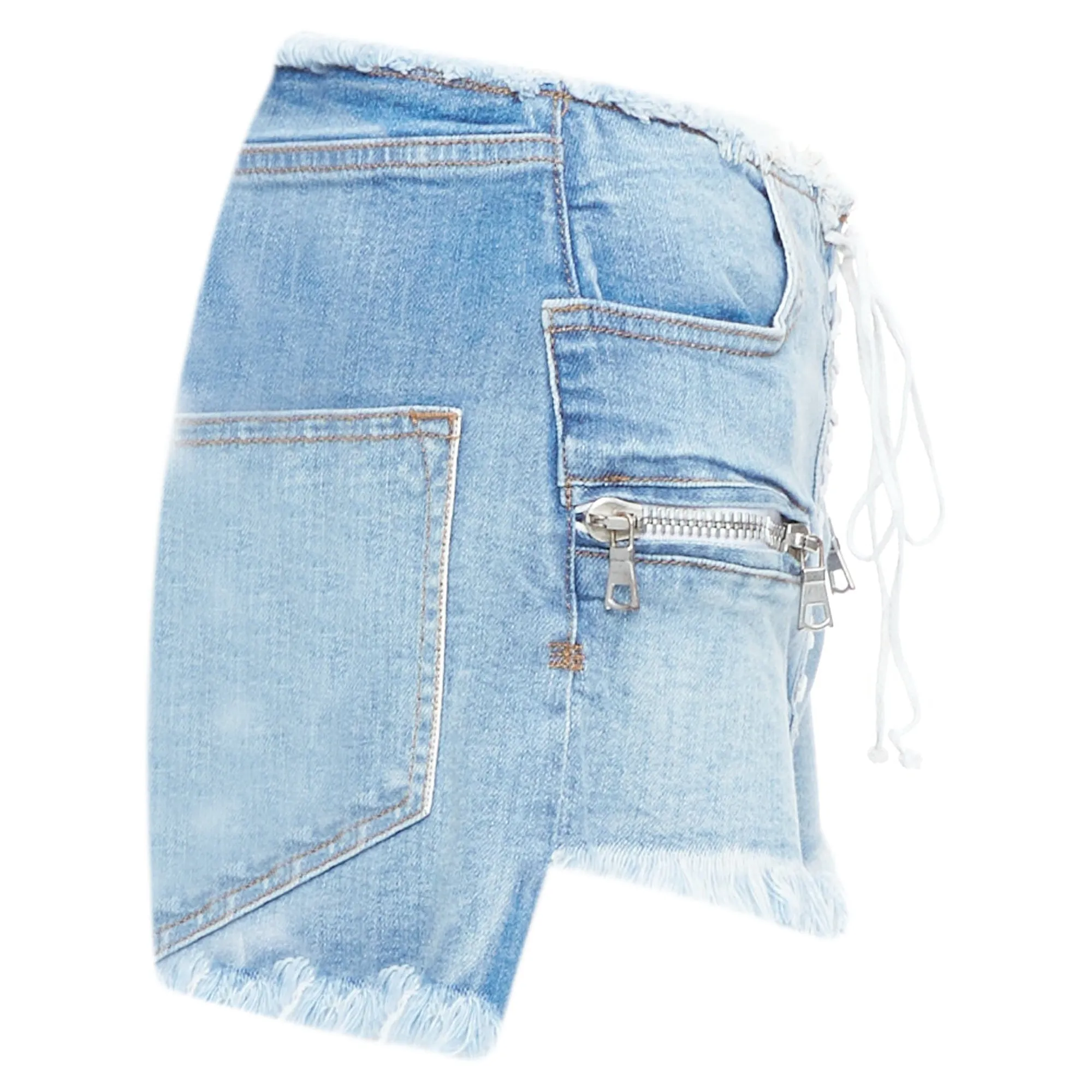 Unravel Project washed denim laced front cut off shorts