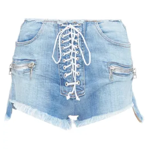 Unravel Project washed denim laced front cut off shorts