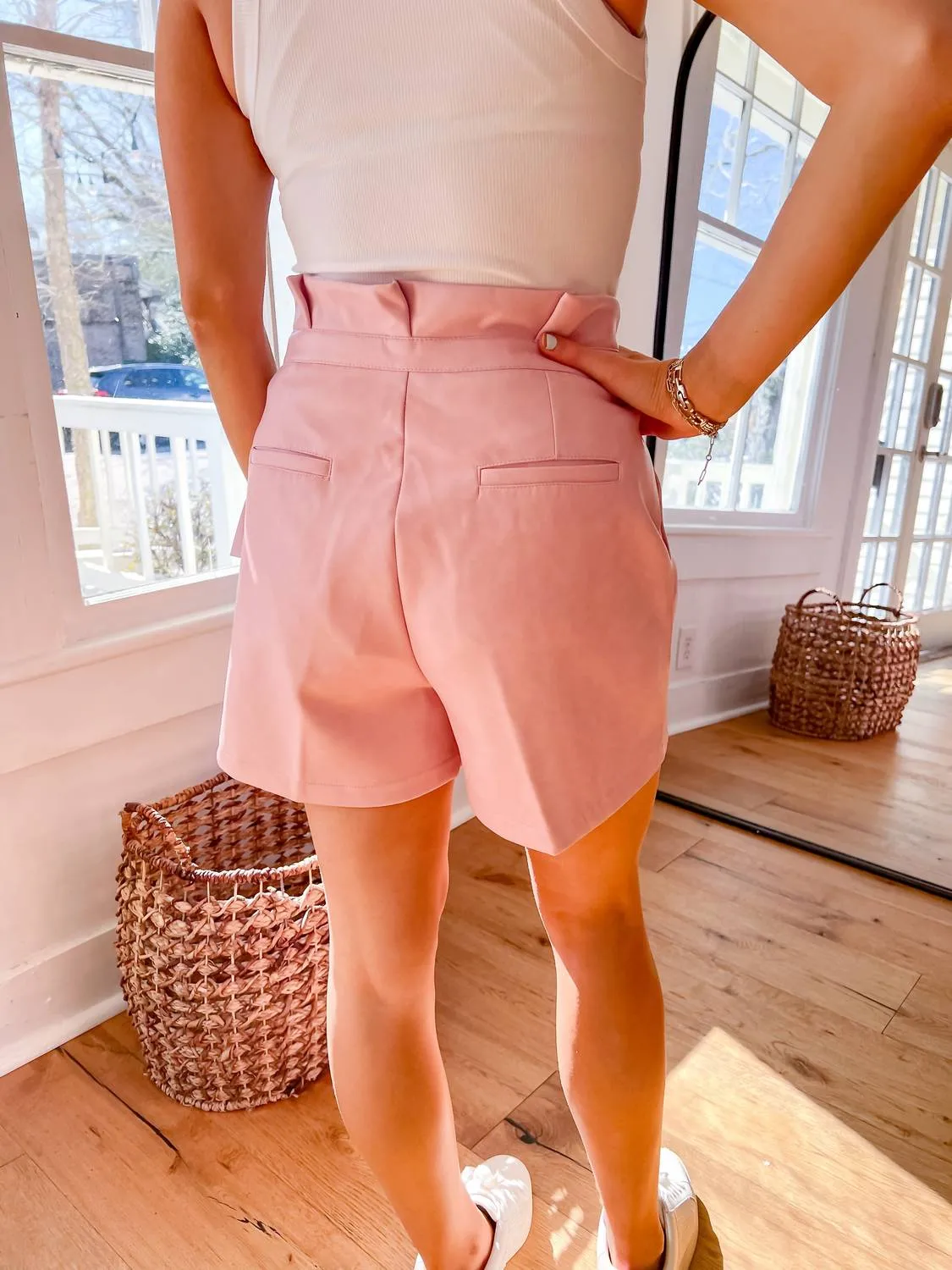 Vegan Leather Paperbag Shorts In Soft Pink